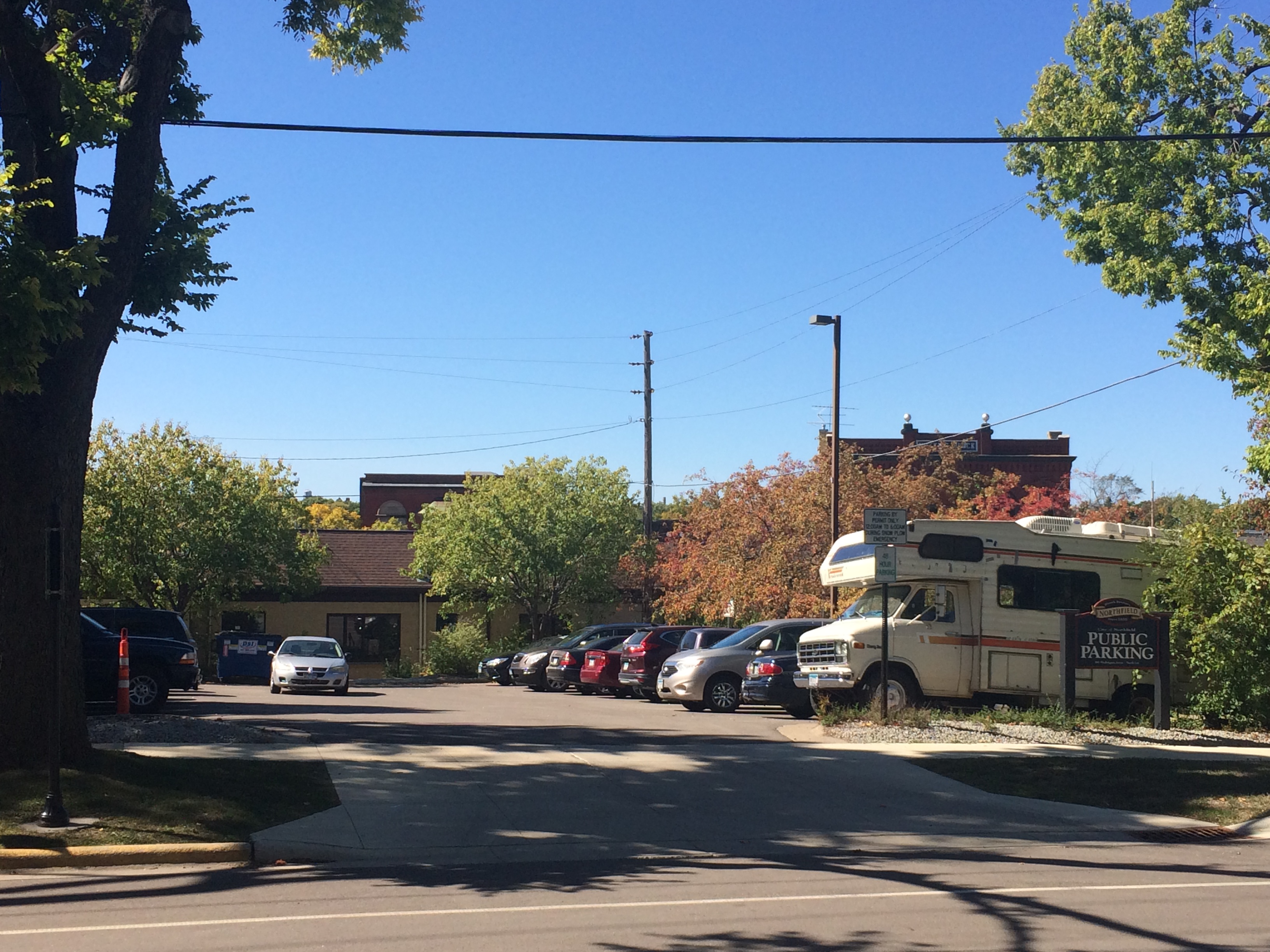 Picture of the upper public parking lot next to Northfield Library.